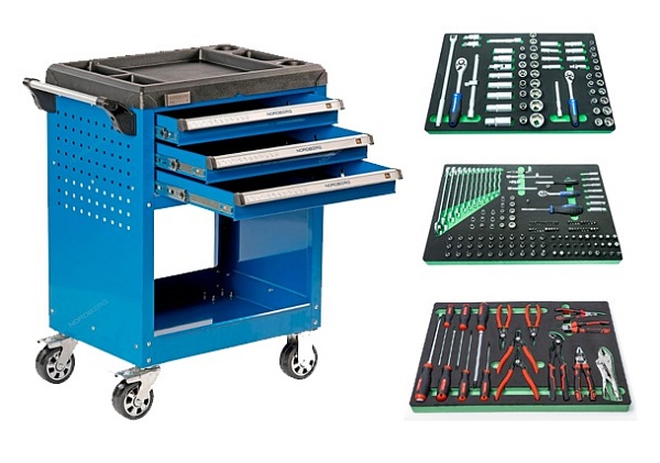 Тележка инструментальная 3 полоки с комплектом инструмента, 233 пр. 